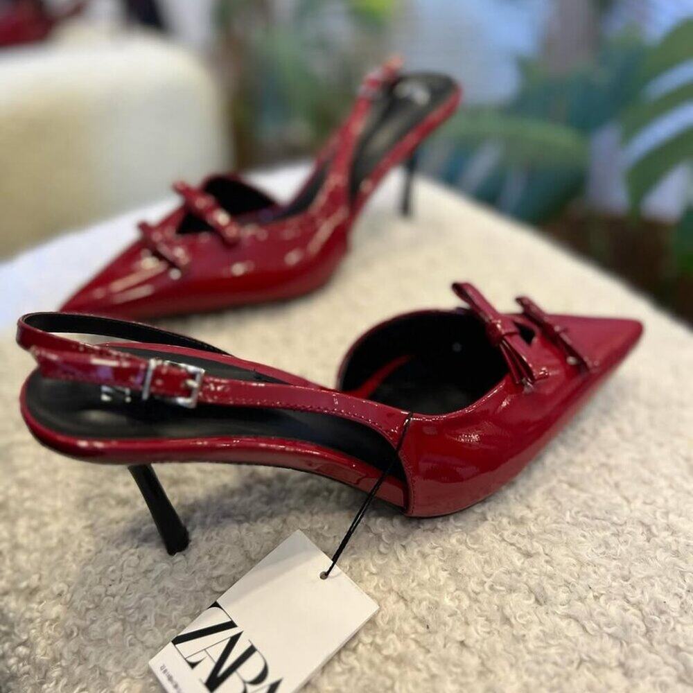 Zara Red Bow Slingback Heels Pointed Toe NWT - Picture 13 of 16